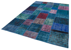 Kırk Yama Mavi Patchwork Pamuk Yün El Dokuma Halısı 202x300 Agacan