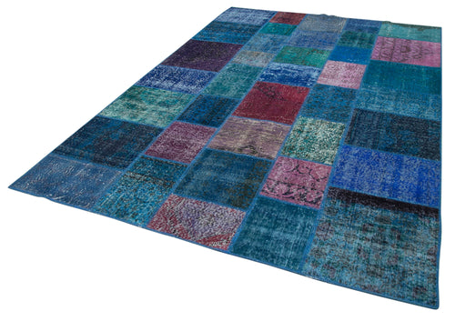 Kırk Yama Mavi Patchwork Pamuk Yün El Dokuma Halısı 202x300 Agacan