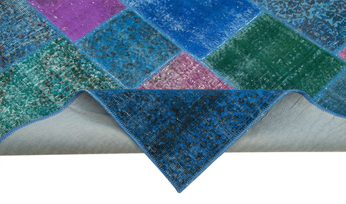 Kırk Yama Mavi Patchwork Pamuk Yün El Dokuma Halısı 204x300 Agacan