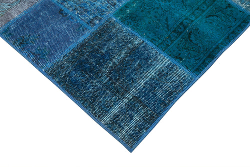 Kırk Yama Mavi Patchwork Pamuk Yün El Dokuma Halısı 202x300 Agacan