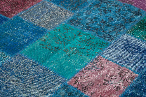 Kırk Yama Mavi Patchwork Pamuk Yün El Dokuma Halısı 205x300 Agacan