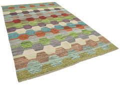 Scrap Sarı Geometrik Pamuk Yün El Dokuma Halısı 205x310 Agacan