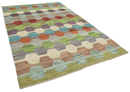 Scrap Sarı Geometrik Pamuk Yün El Dokuma Halısı 205x310 Agacan
