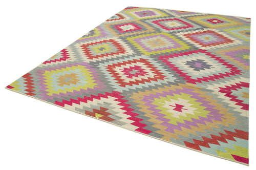 Scrap Fuşya Geometrik Pamuk Yün El Dokuma Halısı 264x338 Agacan