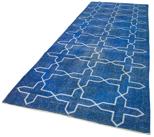Geometric Carpet Mavi Geometrik Pamuk Yün El Dokuma Halısı 144x402 Agacan