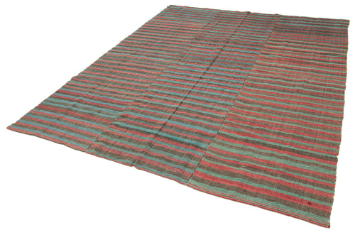 Striped Kilim Turkuaz Çizgili Pamuk Yün El Dokuma Halısı 216x270 Agacan