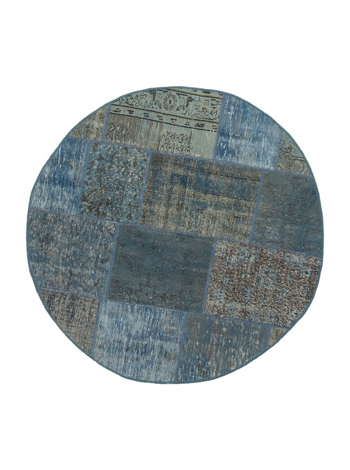 Kırk Yama Mavi Patchwork Pamuk Yün El Dokuma Halısı 154x154 Agacan