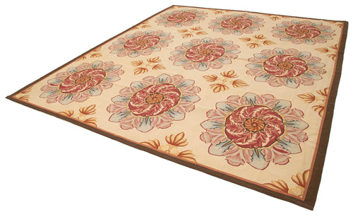 Aubusson Floral Bej Çiçekli Pamuk Yün El Dokuma Halısı 308x356 Agacan