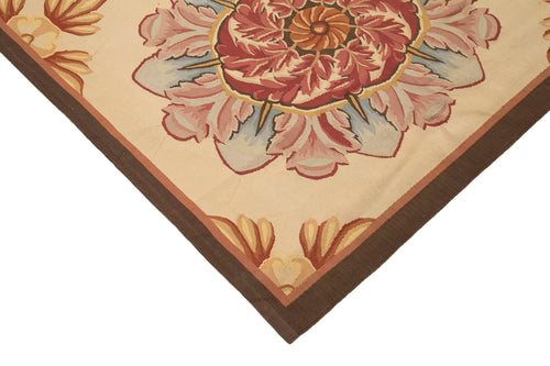 Aubusson Floral Bej Çiçekli Pamuk Yün El Dokuma Halısı 308x356 Agacan