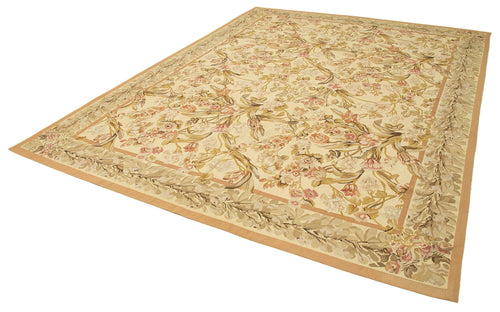 Aubusson Floral Bej Çiçekli Pamuk Yün El Dokuma Halısı 266x366 Agacan