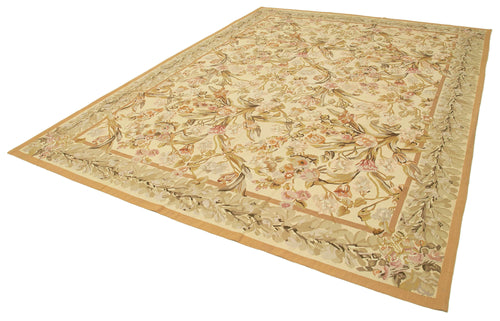 Aubusson Floral Bej Çiçekli Pamuk Yün El Dokuma Halısı 267x370 Agacan