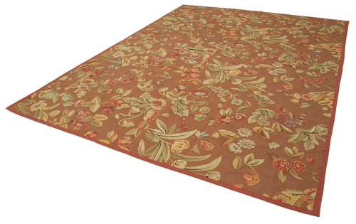 Aubusson Floral Kahverengi Çiçekli Pamuk Yün El Dokuma Halısı 266x361 Agacan