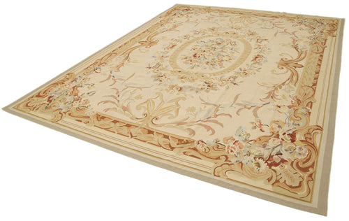 Aubusson Floral Bej Çiçekli Pamuk Yün El Dokuma Halısı 265x360 Agacan