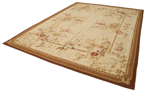 Aubusson Floral Bej Çiçekli Pamuk Yün El Dokuma Halısı 268x367 Agacan