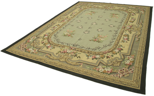 Aubusson Floral Yeşil Çiçekli Pamuk Yün El Dokuma Halısı 268x363 Agacan