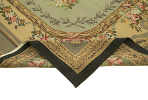 Aubusson Floral Yeşil Çiçekli Pamuk Yün El Dokuma Halısı 268x363 Agacan