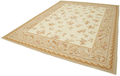 Aubusson Floral Bej Çiçekli Pamuk Yün El Dokuma Halısı 263x353 Agacan