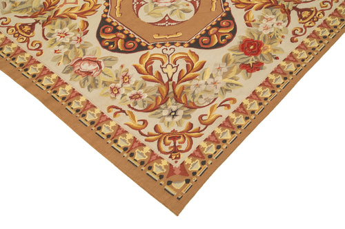 Aubusson Floral Bej Çiçekli Pamuk Yün El Dokuma Halısı 236x306 Agacan