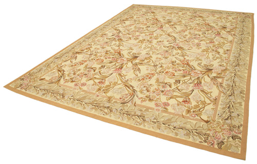 Aubusson Floral Bej Çiçekli Pamuk Yün El Dokuma Halısı 268x368 Agacan