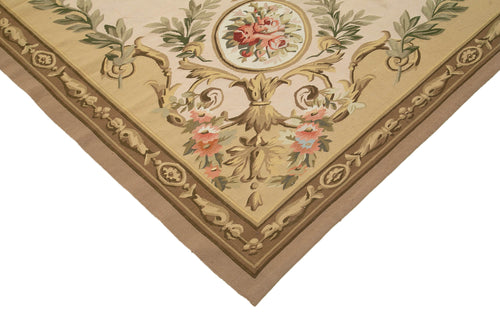 Aubusson Floral Bej Çiçekli Pamuk Yün El Dokuma Halısı 269x338 Agacan