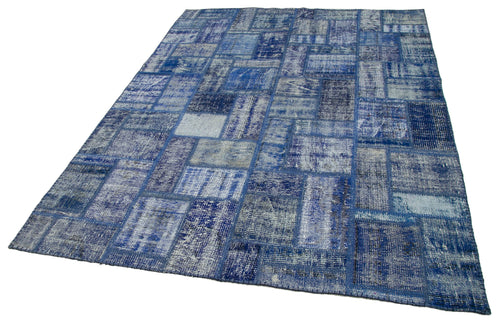 Kırk Yama Mavi Patchwork Pamuk Yün El Dokuma Halısı 173x238 Agacan