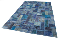 Kırk Yama Mavi Patchwork Pamuk Yün El Dokuma Halısı 200x298 Agacan