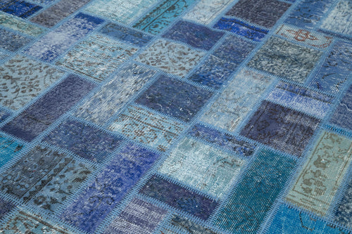 Kırk Yama Mavi Patchwork Pamuk Yün El Dokuma Halısı 200x298 Agacan