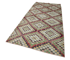 Checkered Runner Beyaz Geometrik Pamuk Yün El Dokuma Halısı 138x305 Agacan