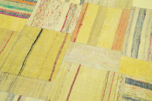 Kırk Yama Sarı Patchwork Pamuk Yün El Dokuma Halısı 204x298 Agacan