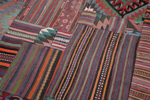 Kırk Yama Mor Patchwork Pamuk Yün El Dokuma Halısı 202x302 Agacan