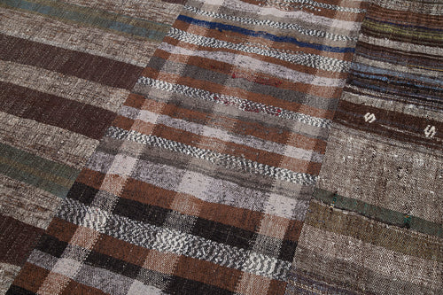 Kırk Yama Kahverengi Patchwork Pamuk Yün El Dokuma Halısı 256x356 Agacan