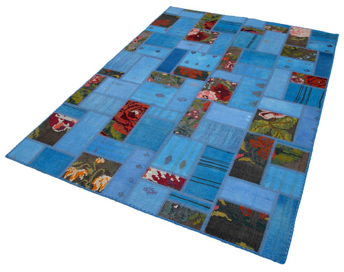 Kırk Yama Mavi Patchwork Pamuk Yün El Dokuma Halısı 168x234 Agacan