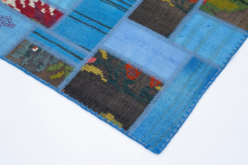 Kırk Yama Mavi Patchwork Pamuk Yün El Dokuma Halısı 168x234 Agacan