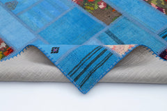 Kırk Yama Mavi Patchwork Pamuk Yün El Dokuma Halısı 168x234 Agacan