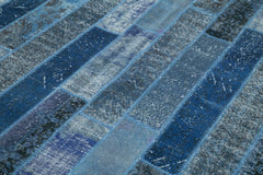 Kırk Yama Mavi Patchwork Pamuk Yün El Dokuma Halısı 205x305 Agacan