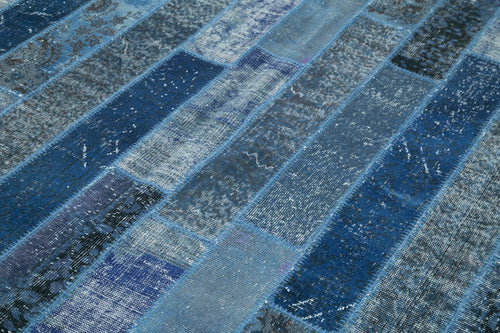 Kırk Yama Mavi Patchwork Pamuk Yün El Dokuma Halısı 205x305 Agacan