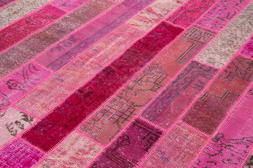Kırk Yama Pembe Patchwork Pamuk Yün El Dokuma Halısı 205x305 Agacan