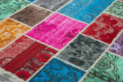 Kırk Yama Mavi Patchwork Pamuk Yün El Dokuma Halısı 206x305 Agacan