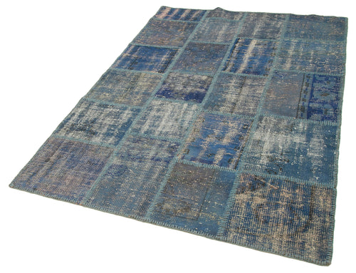 Kırk Yama Mavi Patchwork Pamuk Yün El Dokuma Halısı 141x205 Agacan