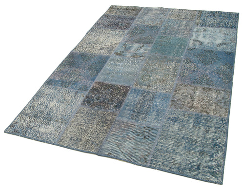 Kırk Yama Mavi Patchwork Pamuk Yün El Dokuma Halısı 135x200 Agacan
