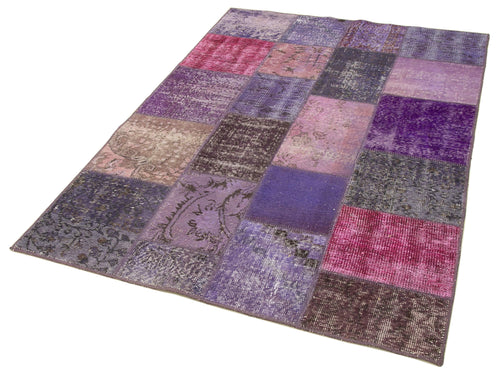 Kırk Yama Mor Patchwork Pamuk Yün El Dokuma Halısı 134x200 Agacan