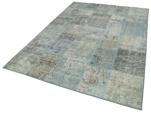 Kırk Yama Mavi Patchwork Pamuk Yün El Dokuma Halısı 173x245 Agacan