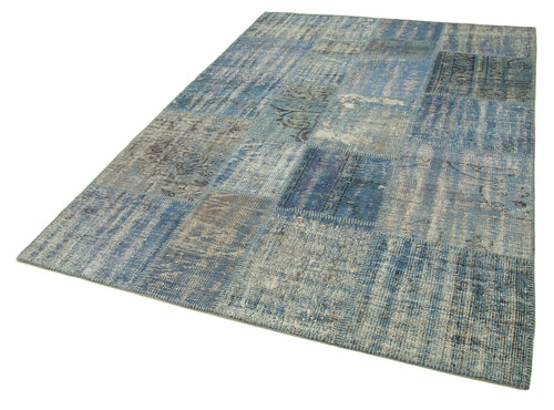 Kırk Yama Mavi Patchwork Pamuk Yün El Dokuma Halısı 176x247 Agacan