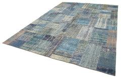 Kırk Yama Mavi Patchwork Pamuk Yün El Dokuma Halısı 251x351 Agacan