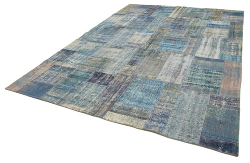 Kırk Yama Mavi Patchwork Pamuk Yün El Dokuma Halısı 251x351 Agacan