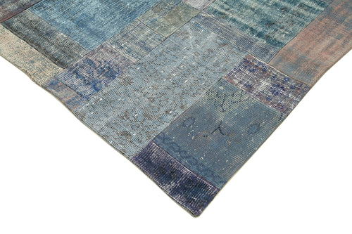 Kırk Yama Mavi Patchwork Pamuk Yün El Dokuma Halısı 251x351 Agacan