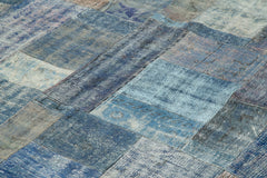 Kırk Yama Mavi Patchwork Pamuk Yün El Dokuma Halısı 251x349 Agacan