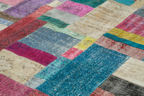 Kırk Yama Mavi Patchwork Pamuk Yün El Dokuma Halısı 303x409 Agacan