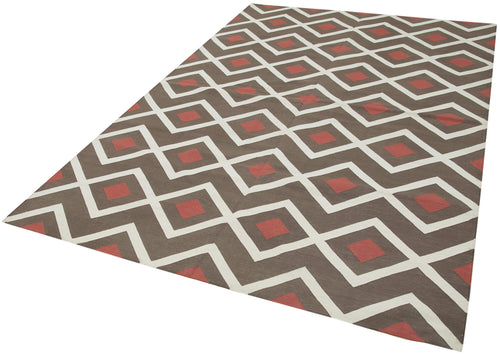 Geometric Duri Kahverengi Geometrik Pamuk Yün El Dokuma Halısı 184x273 Agacan