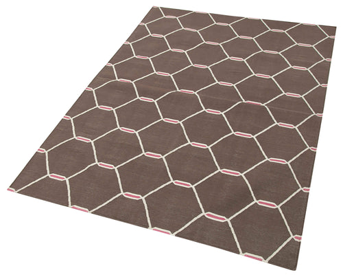 Geometric Duri Kahverengi Geometrik Pamuk Yün El Dokuma Halısı 111x164 Agacan